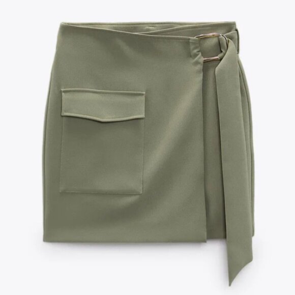 NWOT Zara Olive Wrap Skirt with Belt - Picture 1 of 7